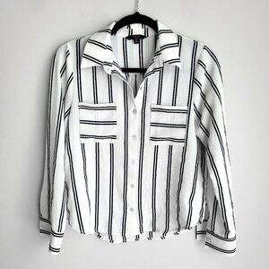 Tresics Luxe White & Black Striped Chest Pockets Classic Button Down Shirt